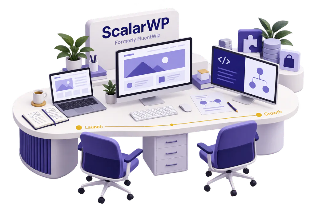 The ScalarWP workspace, formerly FluentWiz, with a website, code and connected business systems along a launch to growth path